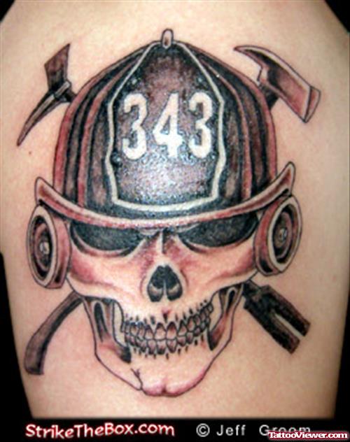 Grey Ink Firefighter Skull Tattoo On Shoulder