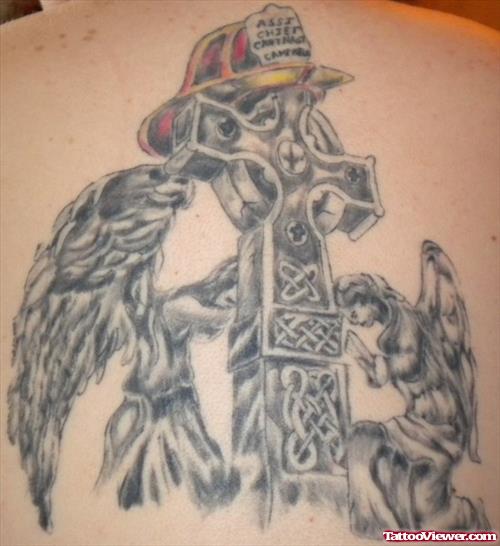 Grey Ink Cross And Firefighter Angel Tattoos