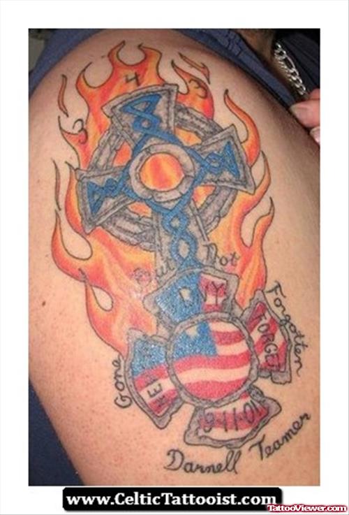 Flaming Cross And Firehighter Tattoo On Half Sleeve