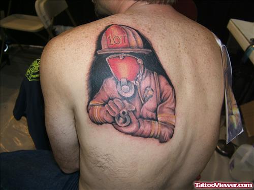 Firefighter Tattoo On Left Back Shoulder