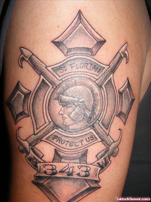 Classic Grey Ink Firefighter Tattoo On Half Sleeve