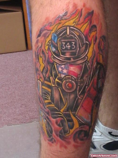 Amazing Flaming Firefighter Tattoo On Leg
