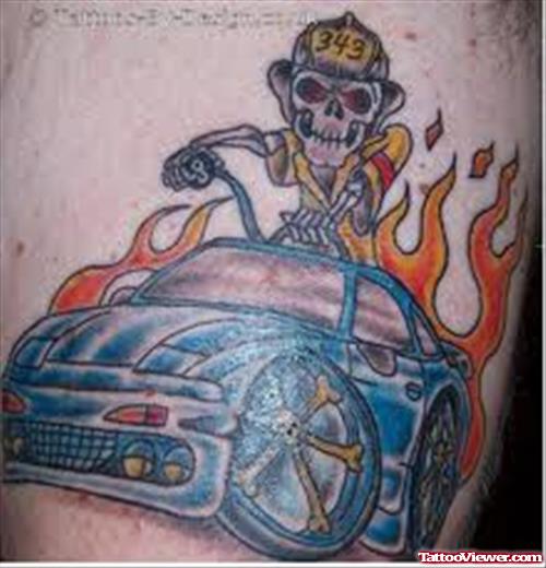 Skeleton In Buning Car Tattoo