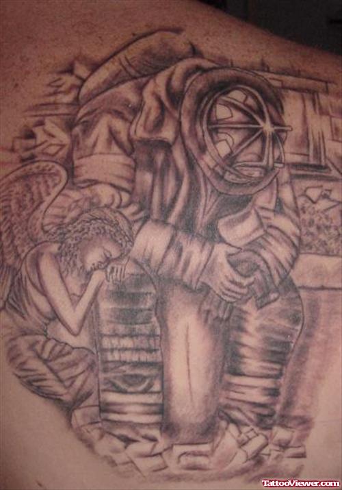 Fire Fighter With Angels Tattoo