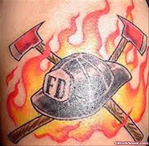 Fire Fighter Tools And Cap Tattoo