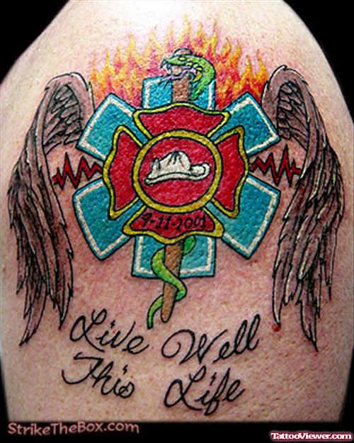 Ems Fire Fighter Tattoo On SHoulder