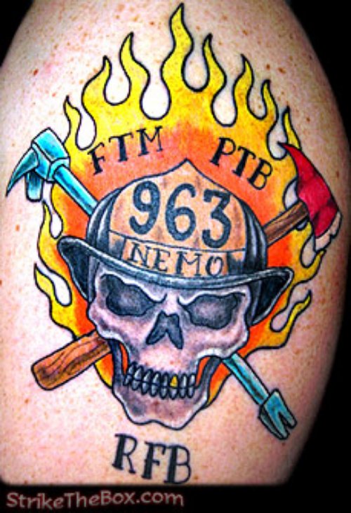 Colored Flaming Firefighter Tattoo On Shoulder