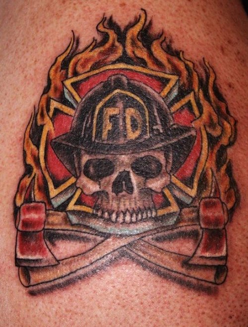 Flaming Skulls Firefighter Tattoo