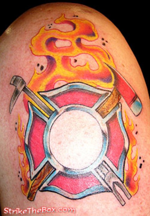 Latest Flaming Firefighter Tattoo On SHoulder