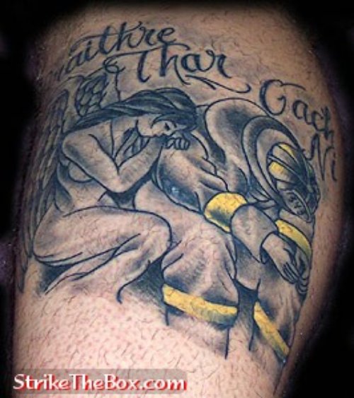 Best Grey Ink Firefighter Tattoo On Bicep