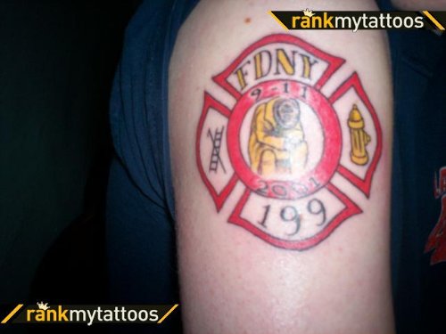 Red Ink Firehighter Logo Tattoo On Shoulder