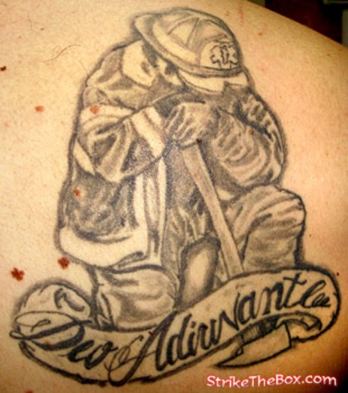 Grey Ink Sad Firefighter Tattoo