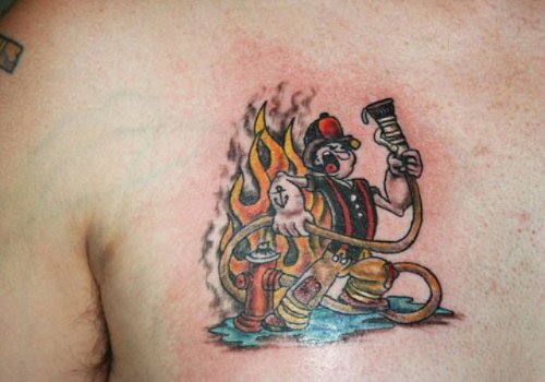 Colored Firefighter Tattoo On Chest