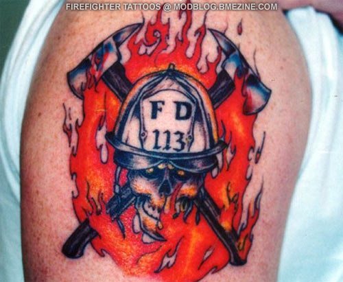 Good Flaming Firefighter Tattoo On Shoulder