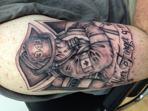 Awesome Grey Ink Firefighter Tattoo On Right Half Sleeve