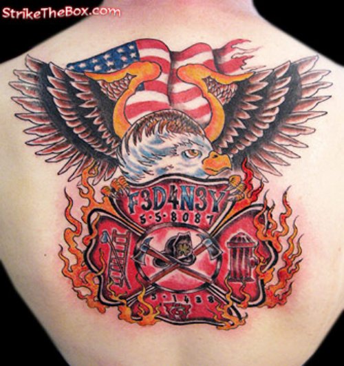 Flaming Firefighter Tattoo On Upperback