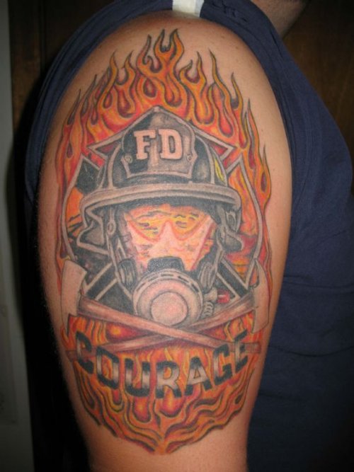 Firefighter Tattoo On Right Half Sleeve
