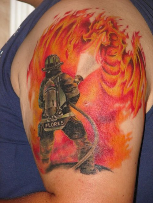 Awesome Firefighter And Fire Dragon Tattoo