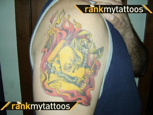 Colored Firefighter Tattoo On Right Half Sleeve