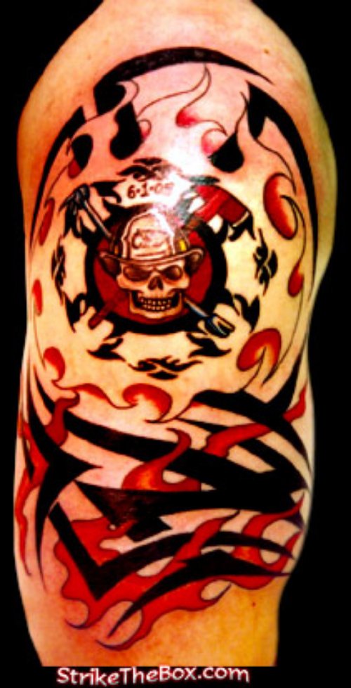 Black Ink Tribal And Firehighter Tattoo On Half Sleeve