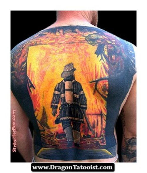 Firefighter Tattoo On Back Body
