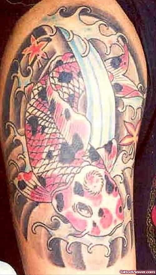 Red Black Fish Tattoo On Shoulder