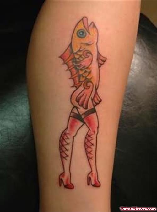 Fish Girl Tattoo On Leg