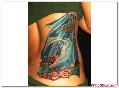 Fish Angel World Tattoo On Side Rib