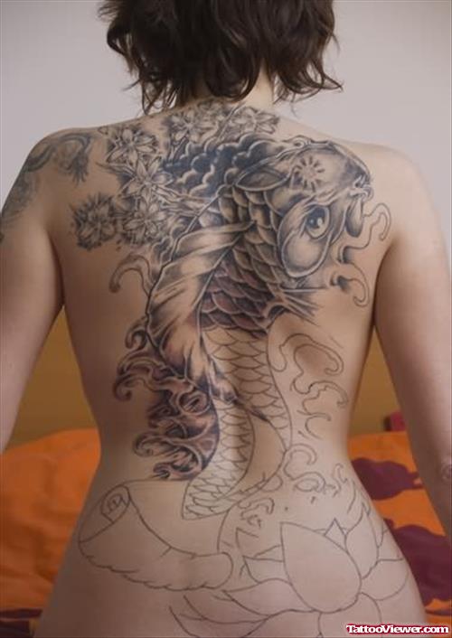 Fish And Flowers Tattoos On Back