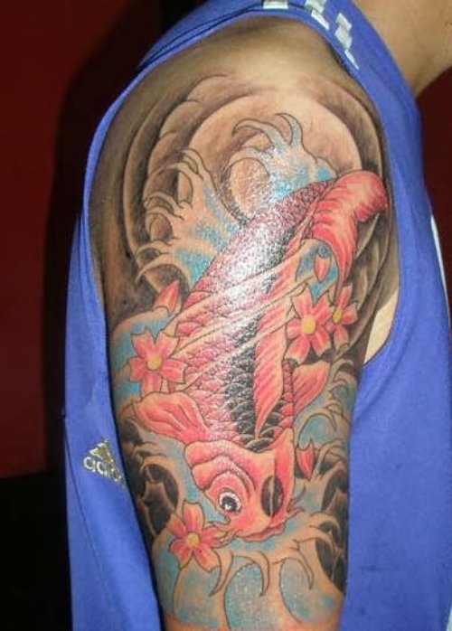 Coloured Koi Fish Tattoo On Shoulder