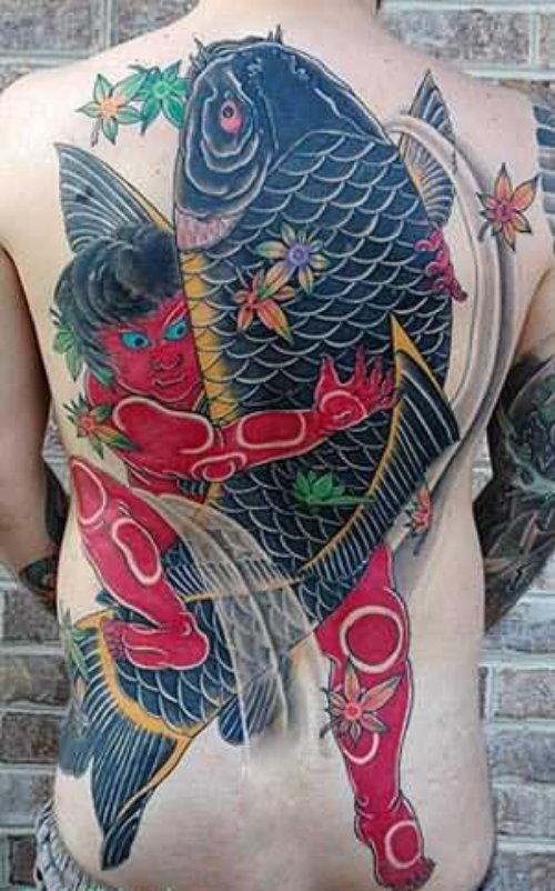 Large Koi Fish Tattoo On Full Back
