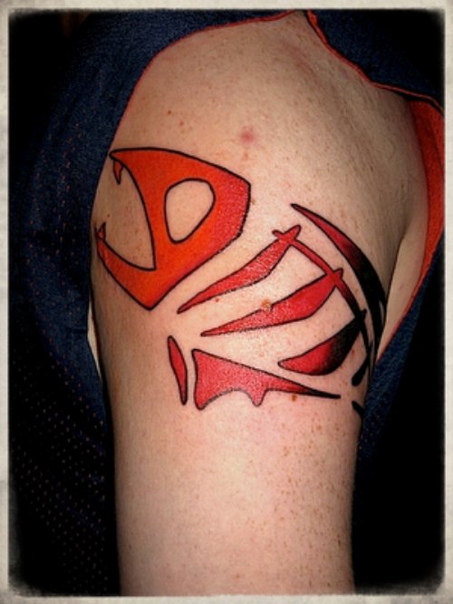 Red Ink Fish Skeleton Tattoo On Right Half Sleeve