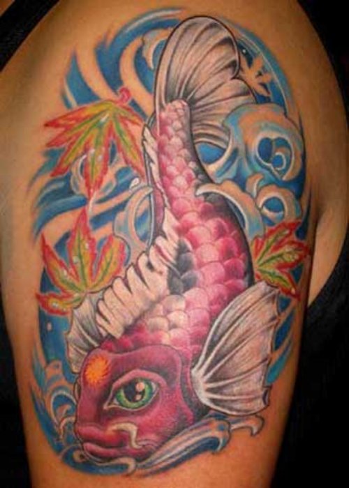 Marijuana Leaves And Fish Tattoo On Left Shoulder