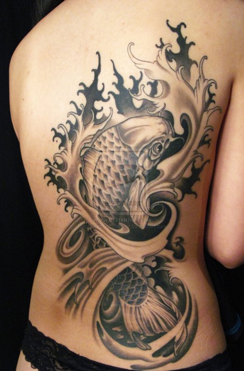 Classic Grey Ink Koi Fish Tattoo On Back