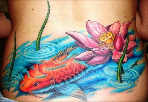 Color Lotus Flower And Fish Tattoo On Lowerback