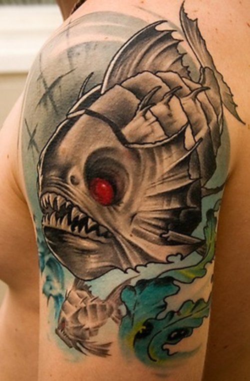 Deadly Fish Tattoo On Man Left Half Sleeve