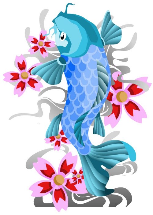 Pink Flowers And Blue Fish Tattoo Design