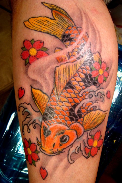 Cherry Blossom Flowers And Koi Fish Tattoo