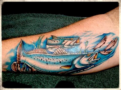 Blue Ink Fish Tattoo On Sleeve