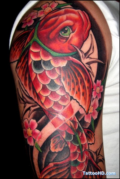 Red Ink Japanese Fish Tattoo On Sleeve