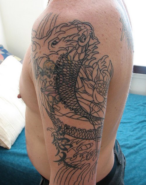 Amazing Grey Ink Fish Tattoo On Left Half Sleeve