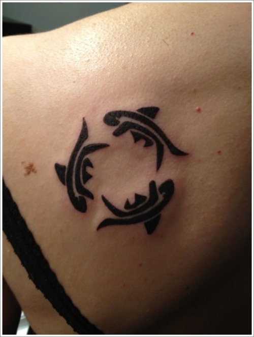 Left Back Shoulder Black Fish Tattoos
