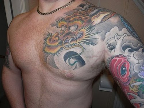 Color Ink Dragon Fish Tattoo On Chest