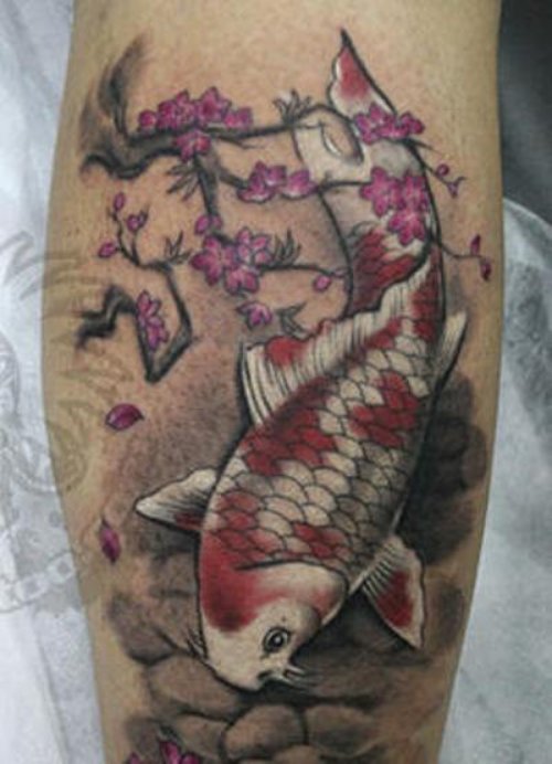 Flowers And Koi Fish Tattoo On Leg