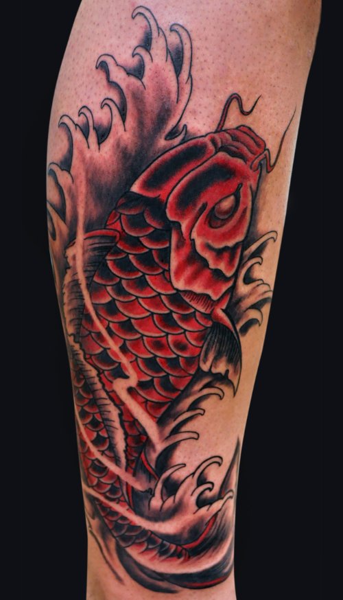 Red Ink Koi Fish Tattoo On Leg