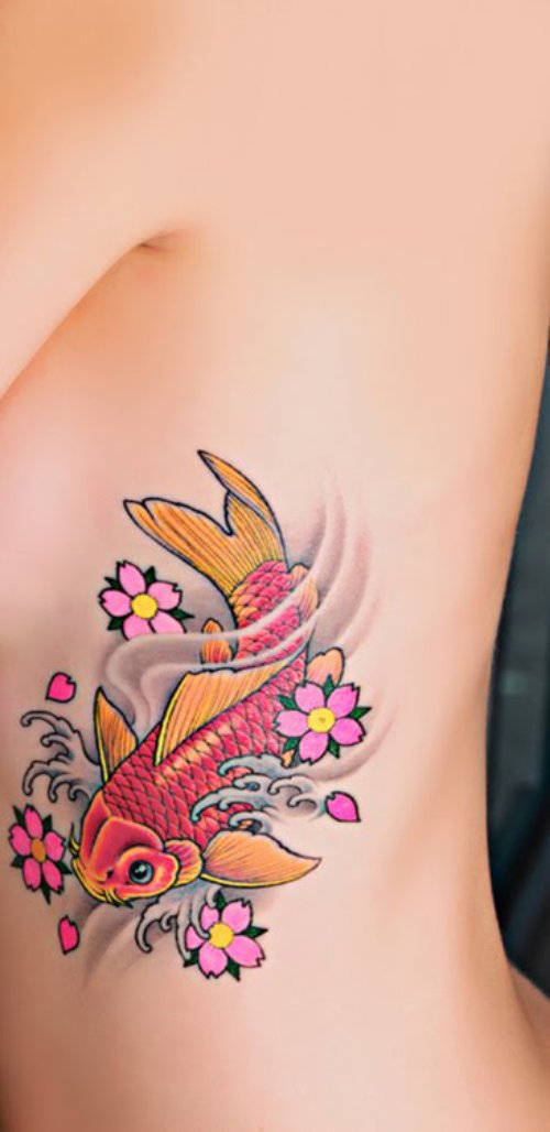 Classic Flowers And Fish Tattoo On Left Side Rib