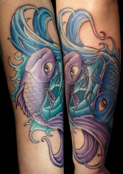 Purple Ink Fish Tattoo On Sleeve