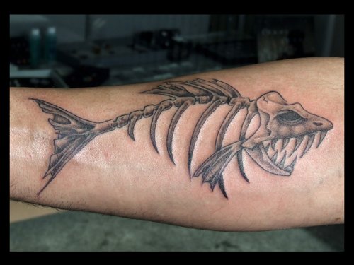Grey Ink Fish Skelton Tattoo