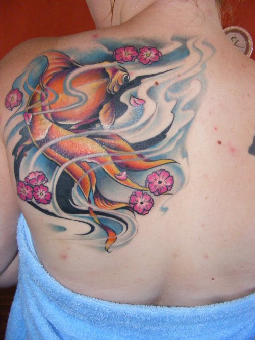 Flowers And Koi Fish Tattoo On Left Back Shoulder