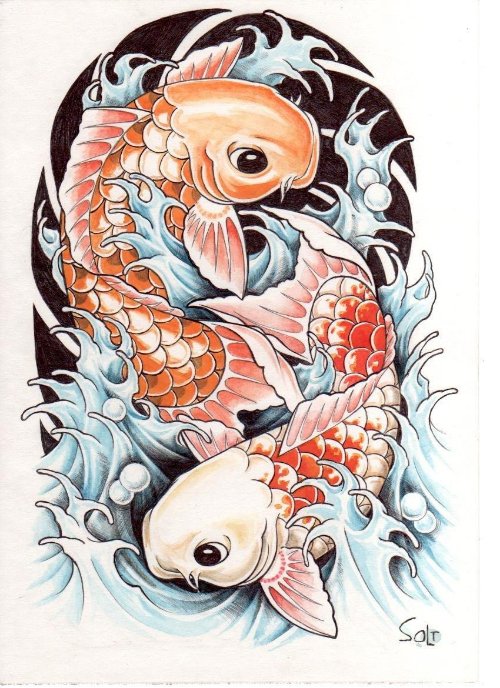 Attractive Colored Fish Tattoos Design